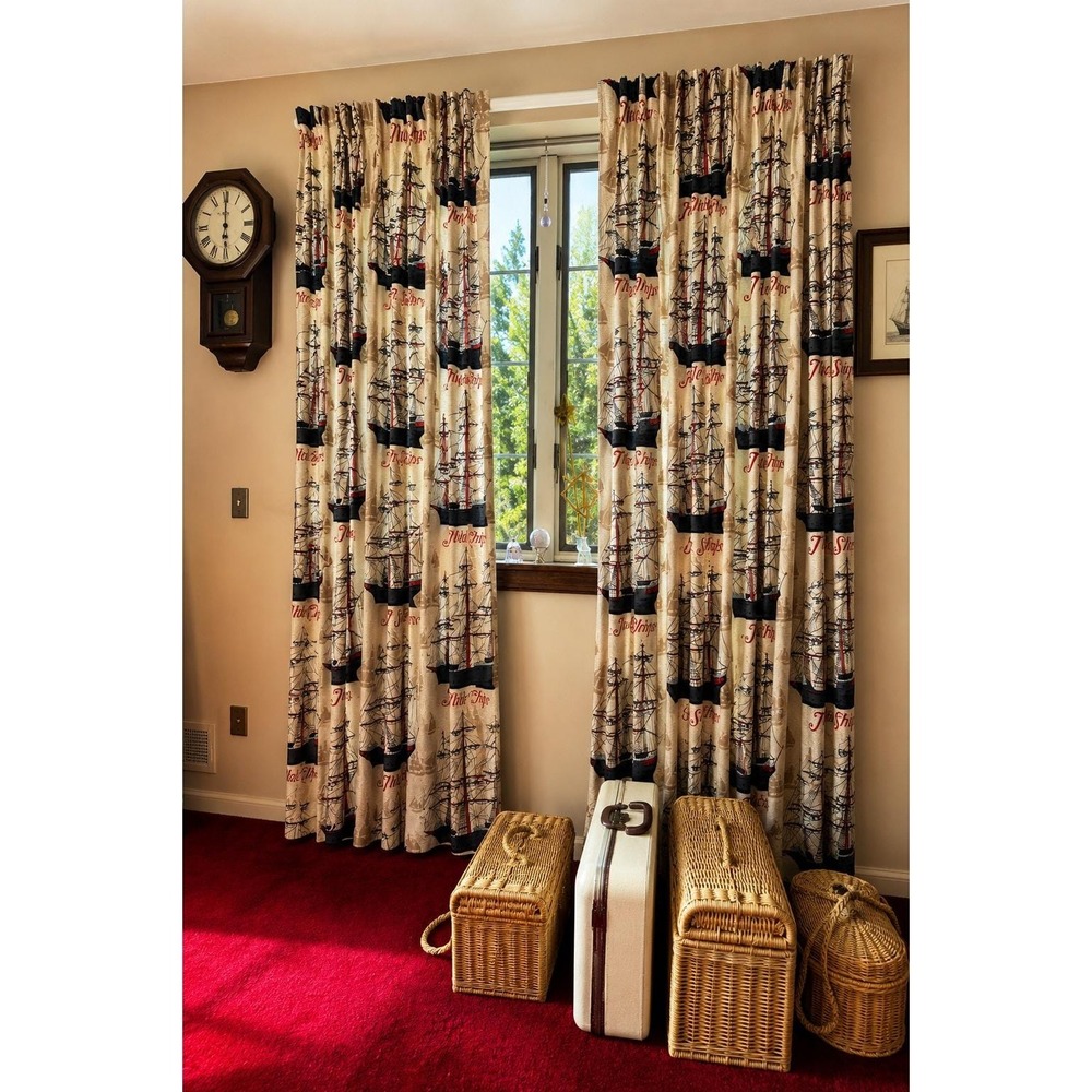 Vintage Nautical The Olde Ships Tall Ships Pleated Curtains Beige Navy Red Set